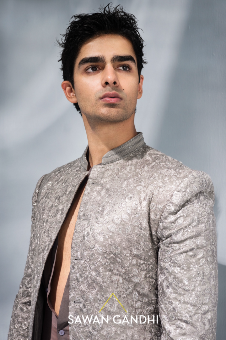 Grey thread work sherwani