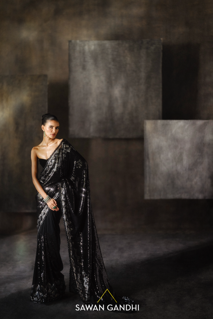 Black silver chevron sequins saree