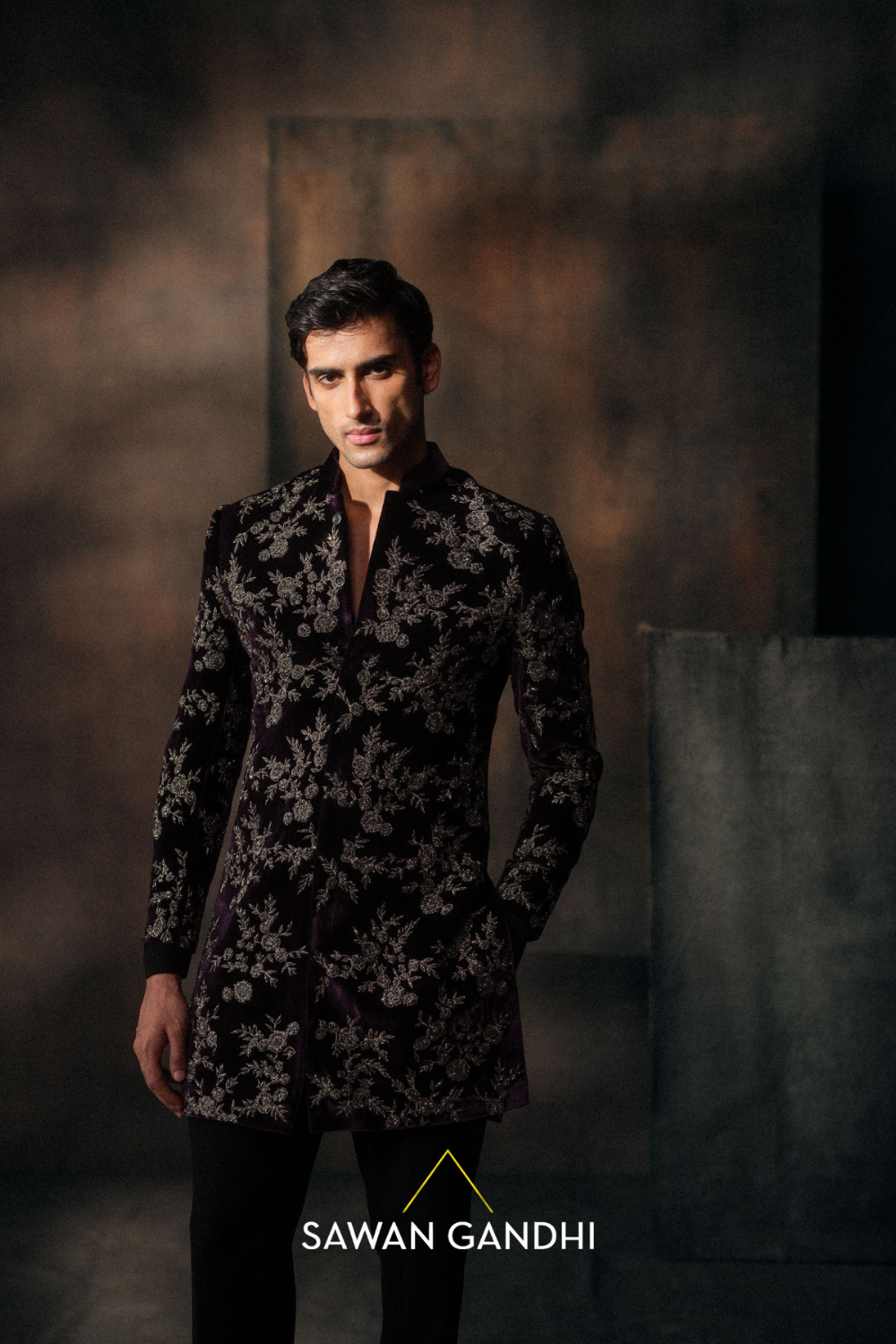 Black Cutdana Embroidery Shewani