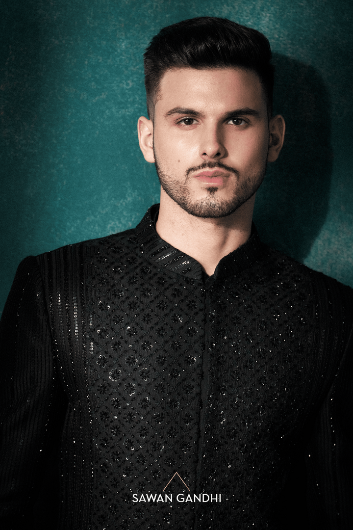 Black Chikankari sherwani