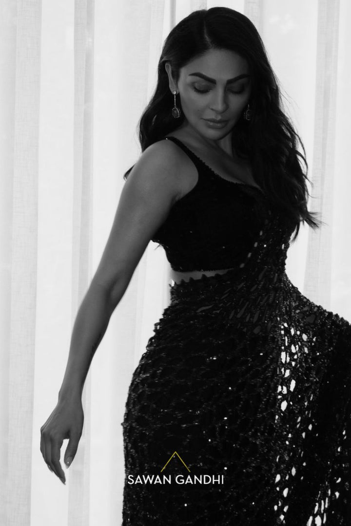 Neeru Bajwa in Black Ombre Cutwork Saree