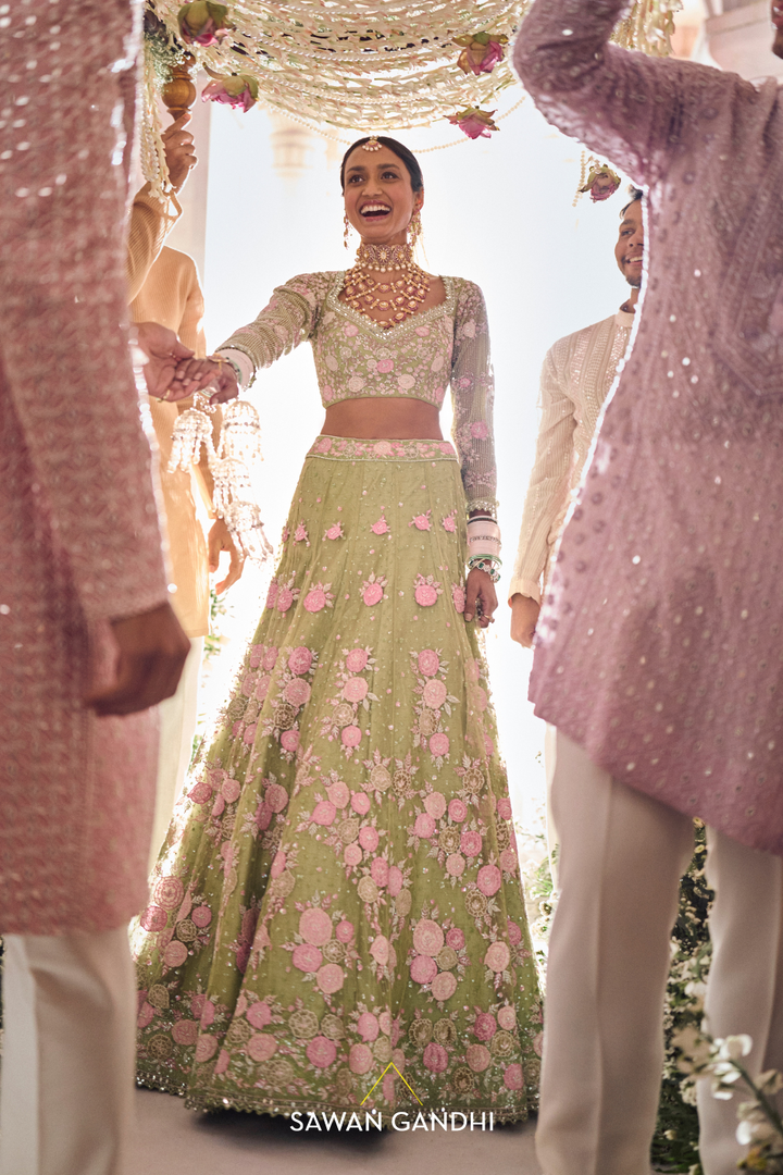 PASTEL GREEN FLORAL EMBROIDERED LEHENGA