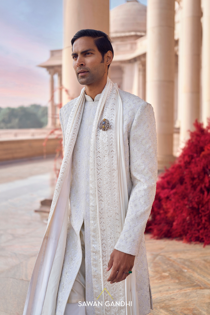 IVORY CHIKANKARI JAAL SHERWANI
