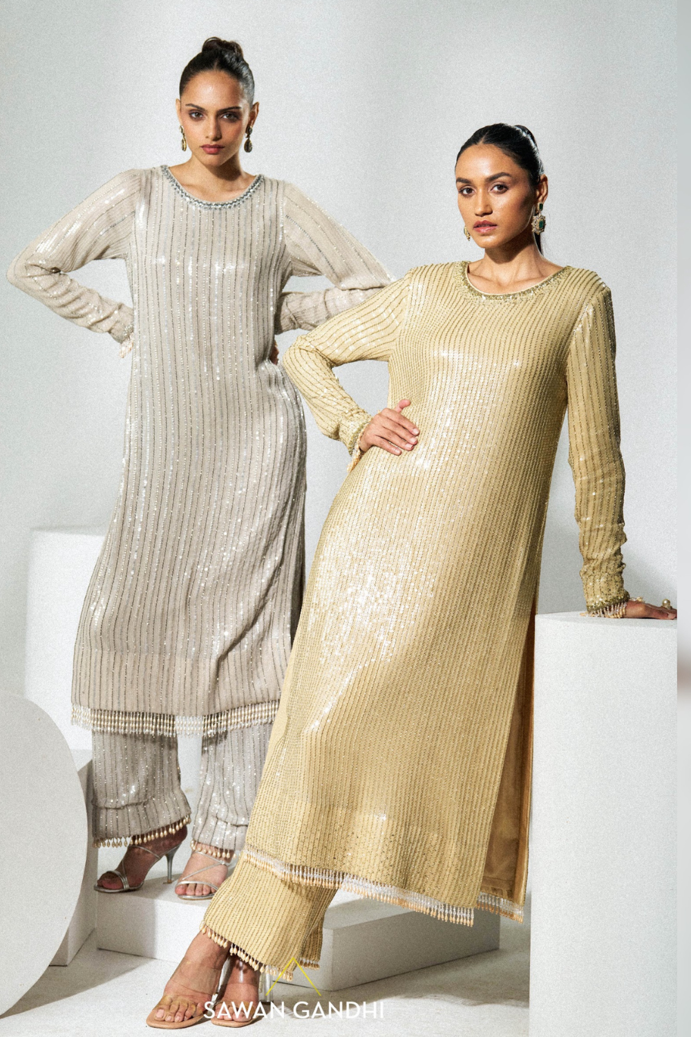 Light gold georgette sequins suit