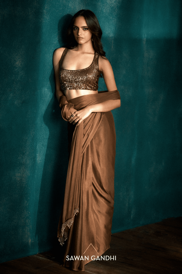 Coffee saree with tassels