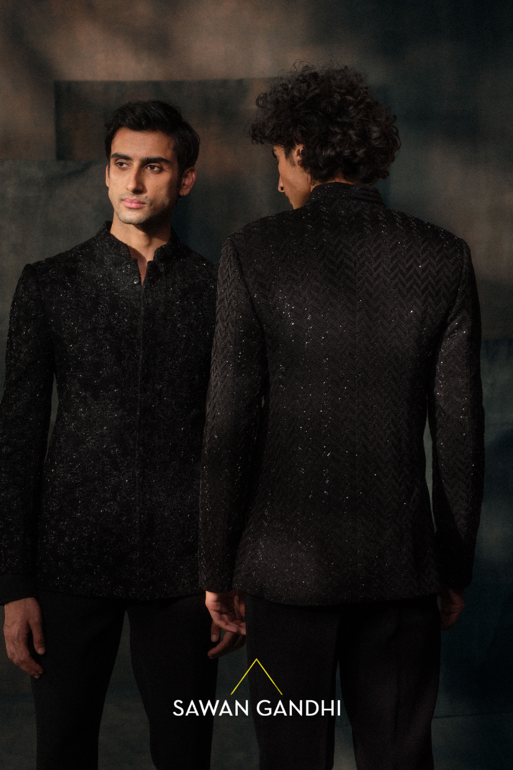 Black Chevron pattern Cutdana Bandhgala