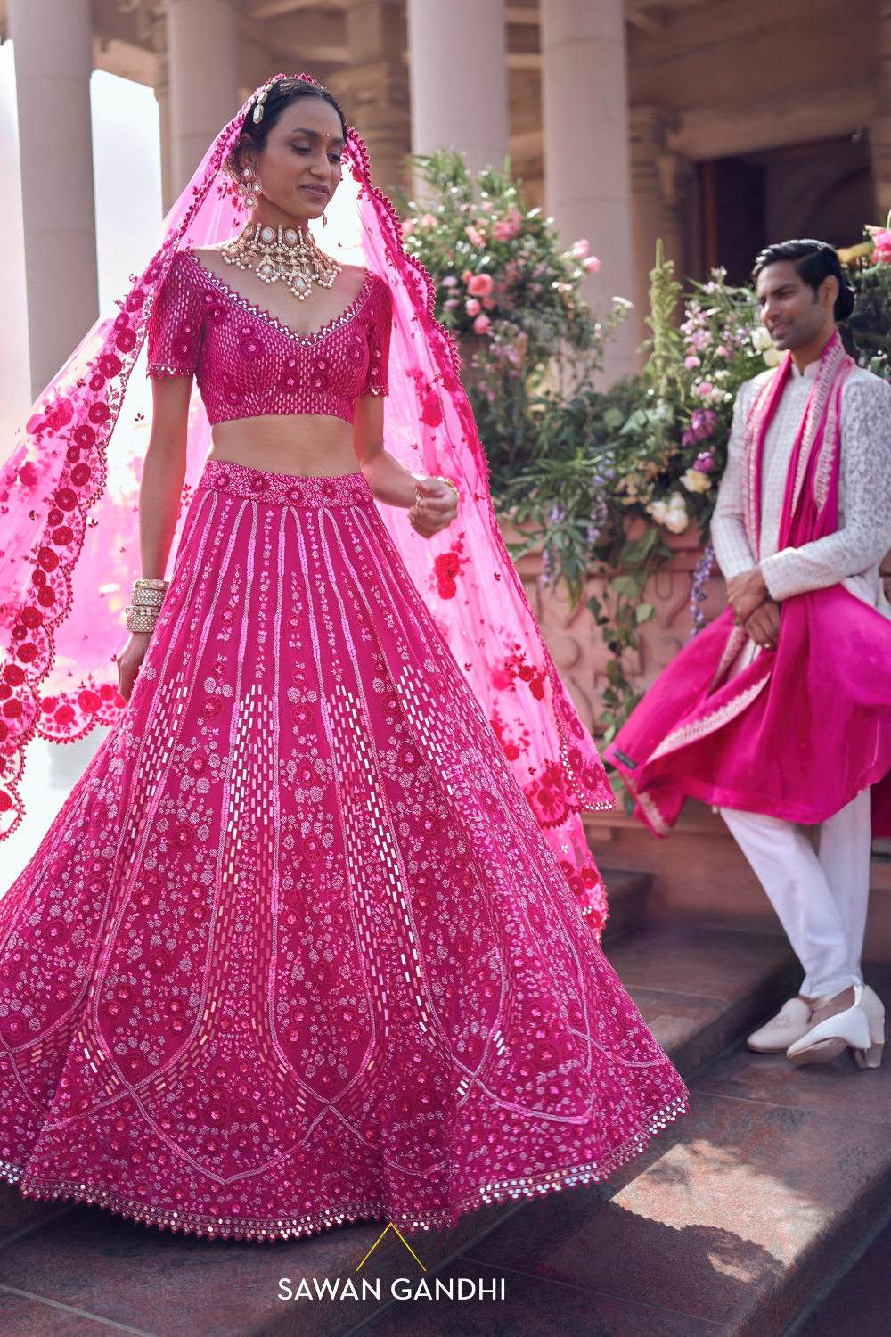 HOT PINK APPLIQUÉ FLORAL LEHENGA