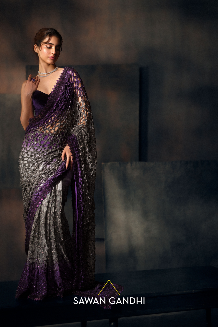 Purple to grey cutwork saree