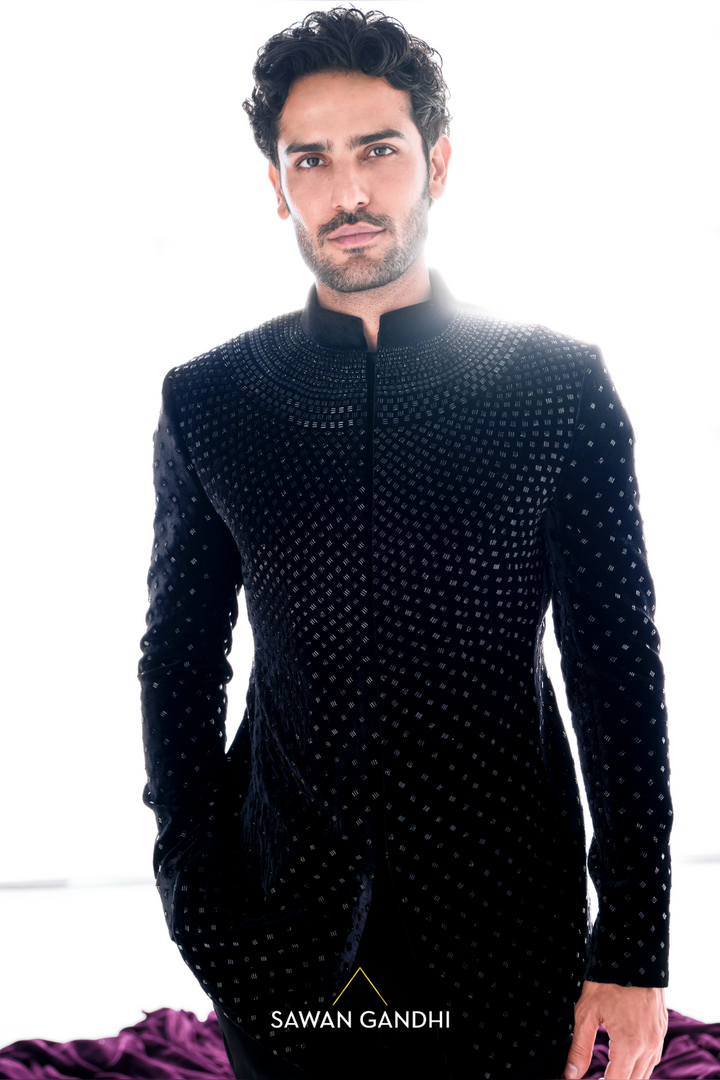 Black scattered cutdana bandhgala