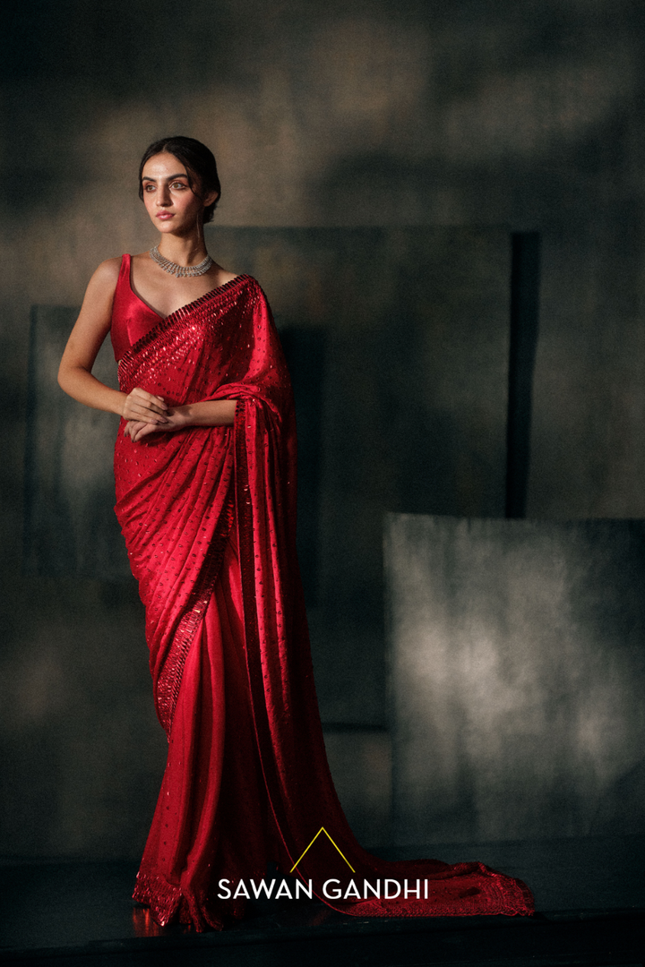 Crimson red kashti sequins saree