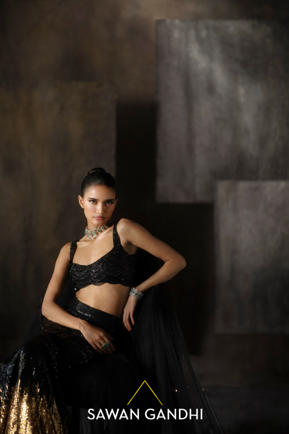 Black to gold sequins lehenga