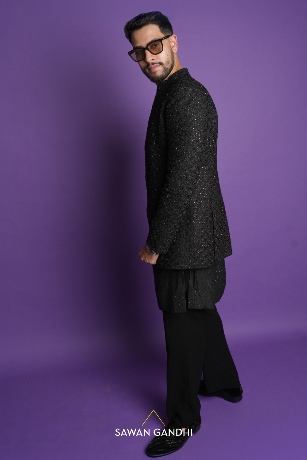 Vedant mahajan in BLACK BANDHGALA WITH SWAROSVKI KURTA