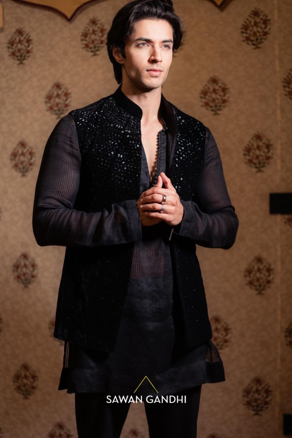 Siddharth Gupta in Black Velvet Cutdana Nehru