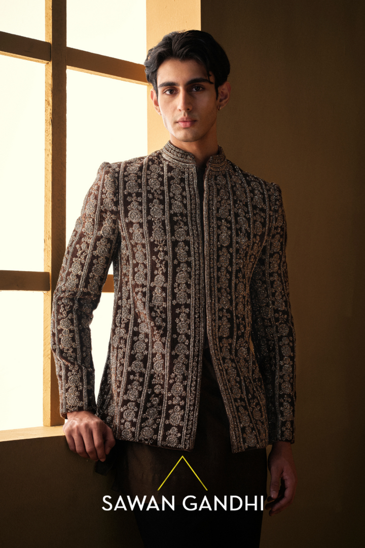 BROWN EMBROIDERED BANDHGALA
