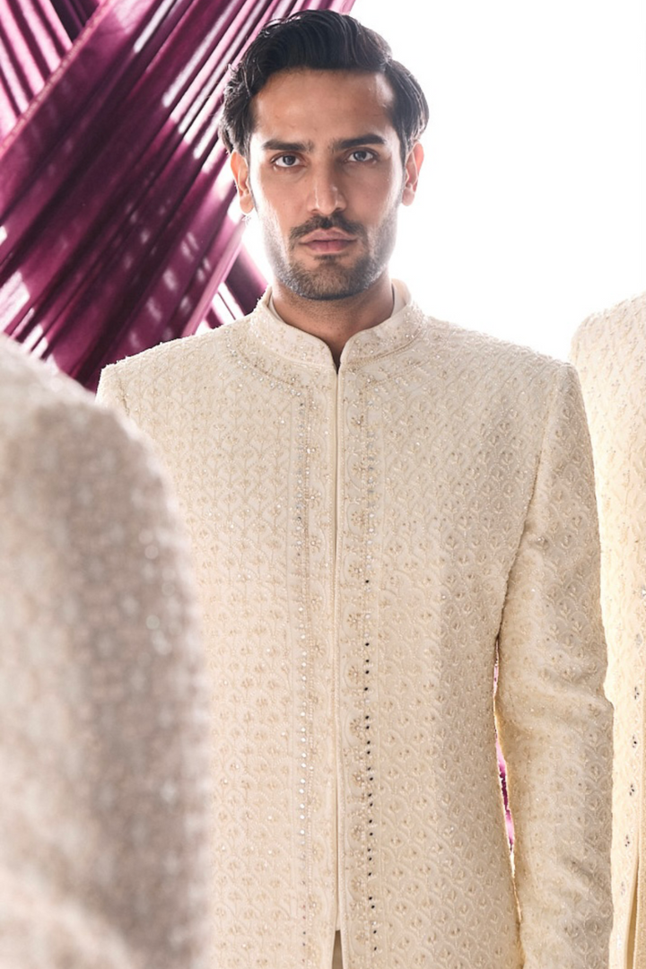Ivory beige Chikankari sherwani