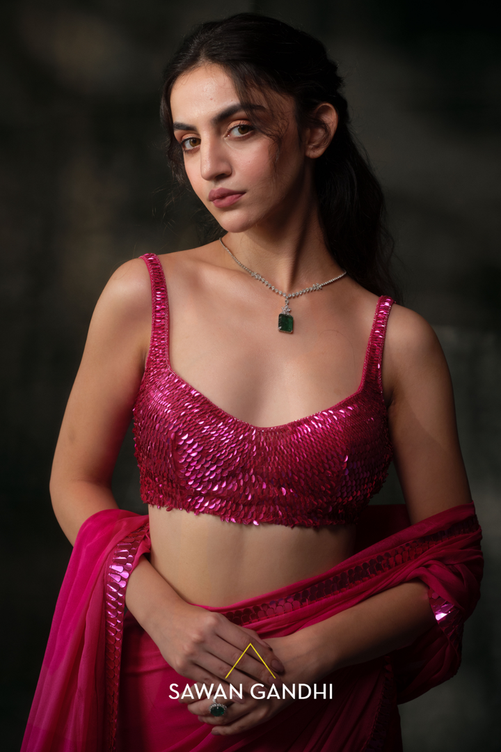 Hot pink Sequins border saree