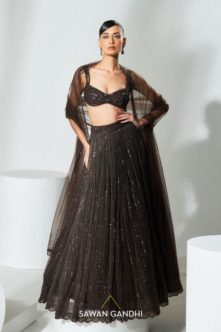 Coca  brown  beadwork lehenga