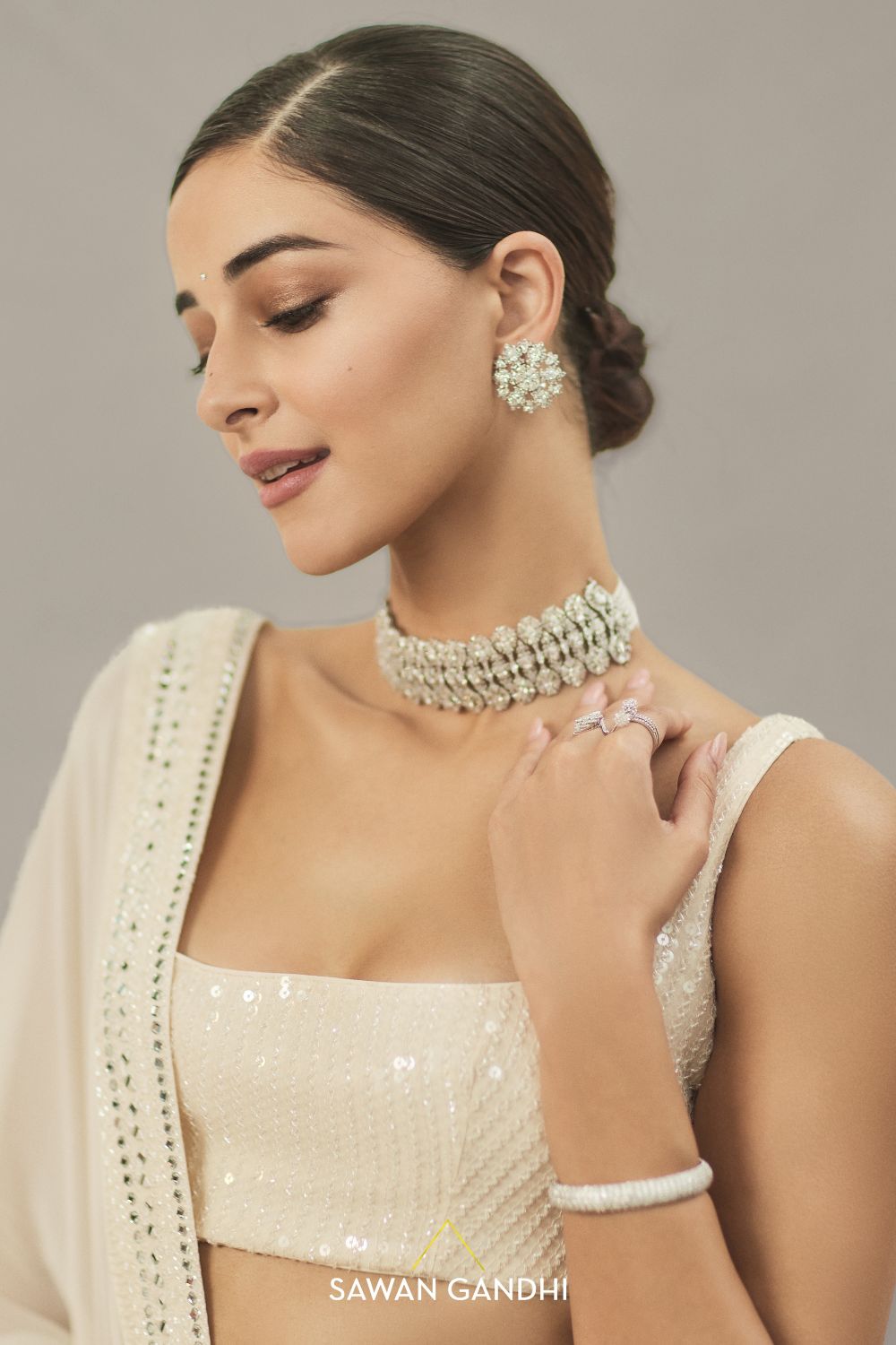 Ananya panday in Beige paani sequins mirror booti lehenga