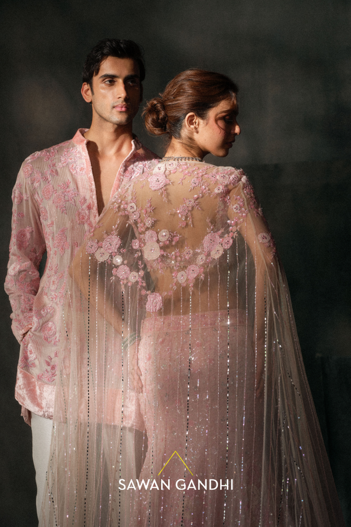 Blush pink fishcut applique lehenga