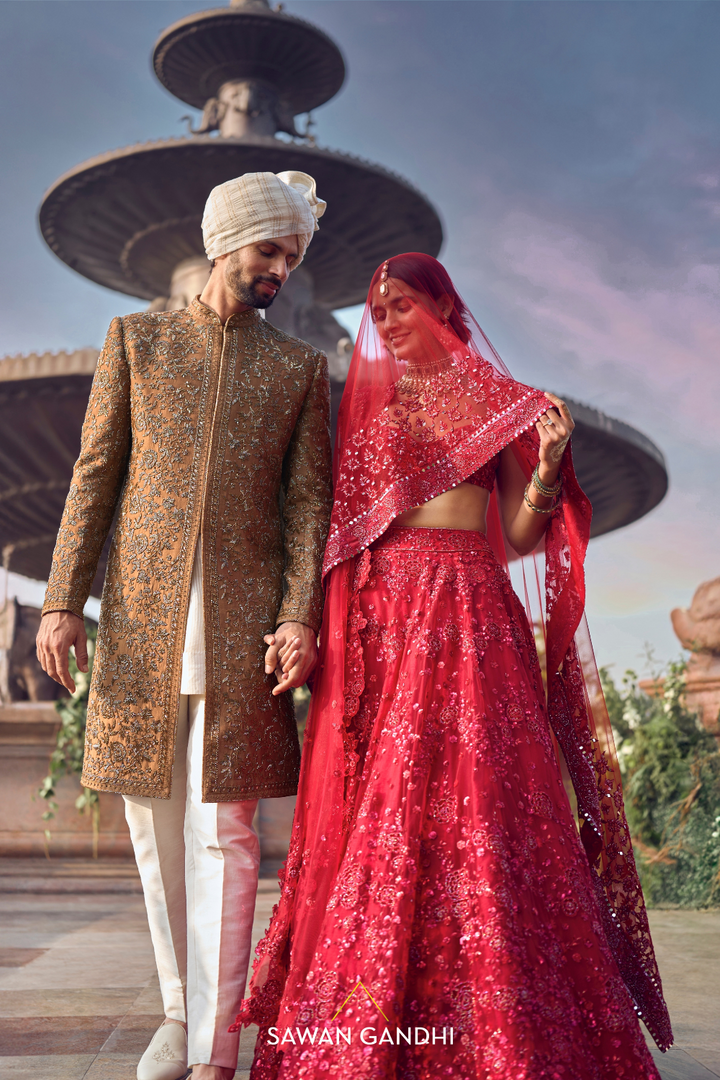 RED FLORAL APPLIQUÉ WORK LEHENGA