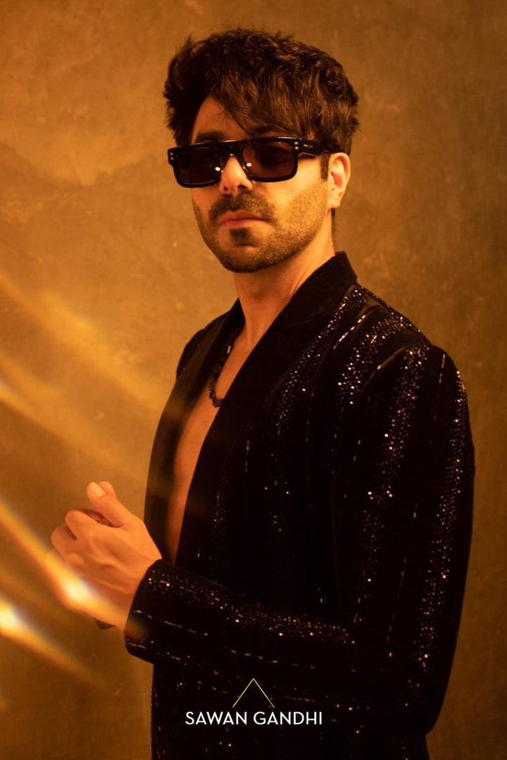 Aparshakti Khurana in Black velvet swarosvki stripe jacket