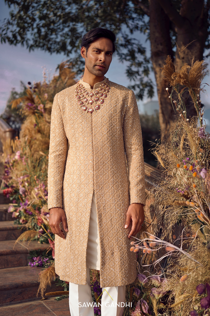 DARK BEIGE CHIKANKARI SHERWANI