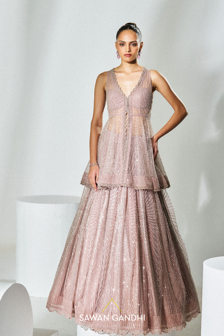 Dusky pink peplum sequins lehenga