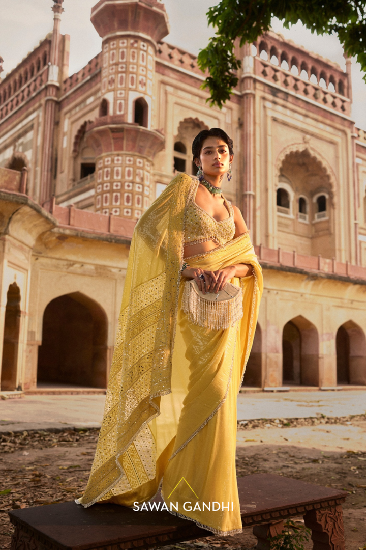 Yellow Sequin and Chikankari Border Saree