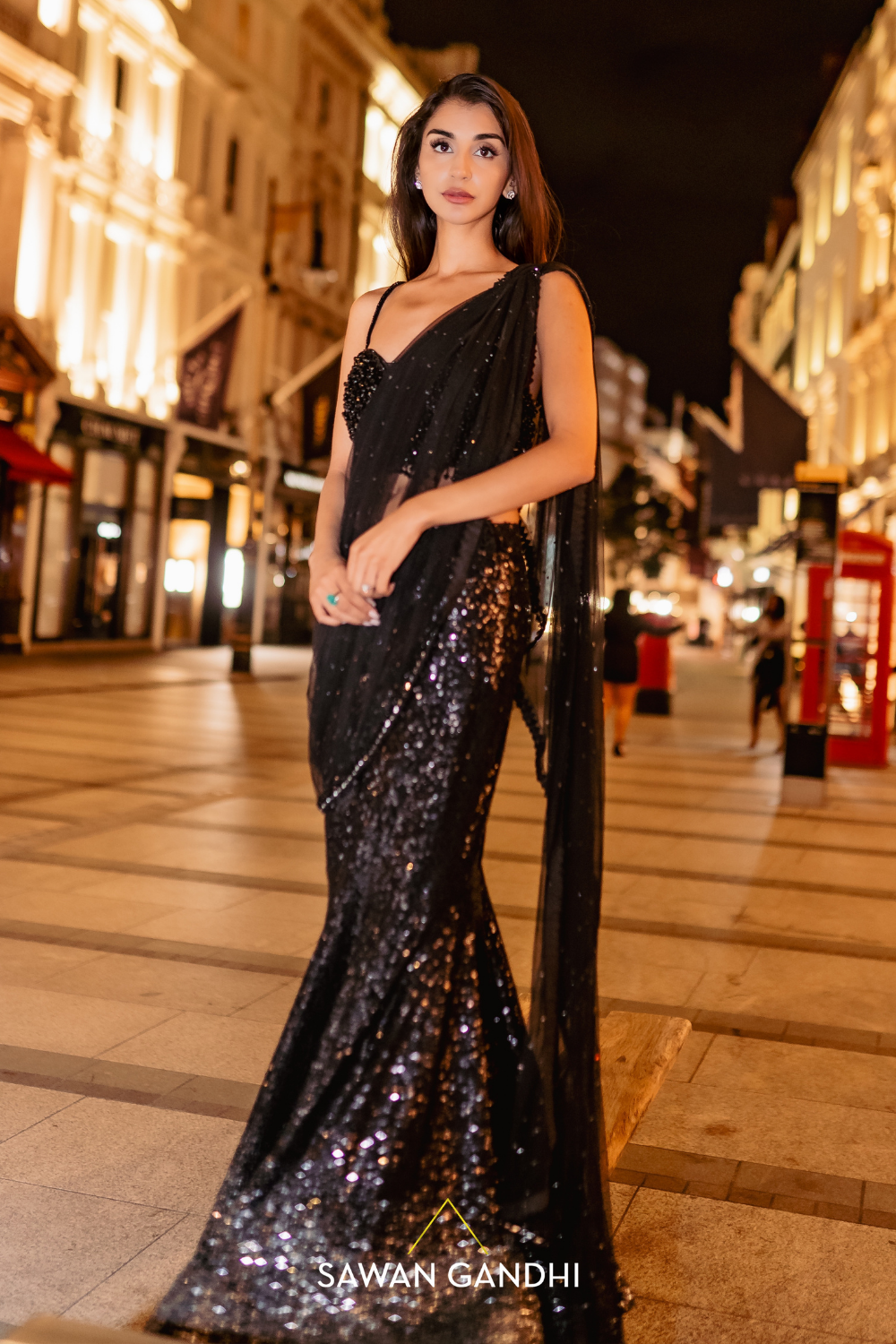 Black drape sequins saree