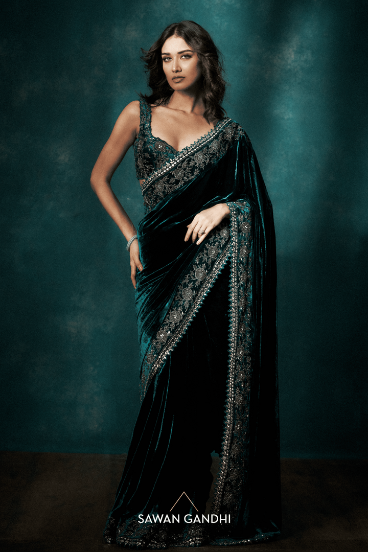 Teal velvet saree