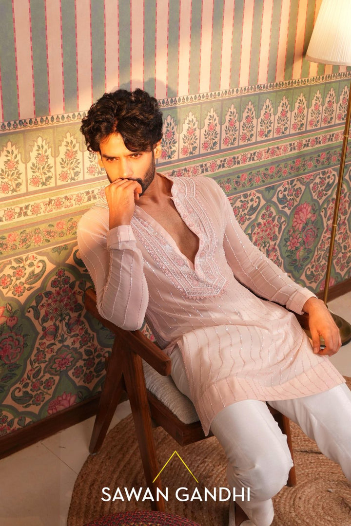 Gaurav in Peach chikankari kurta