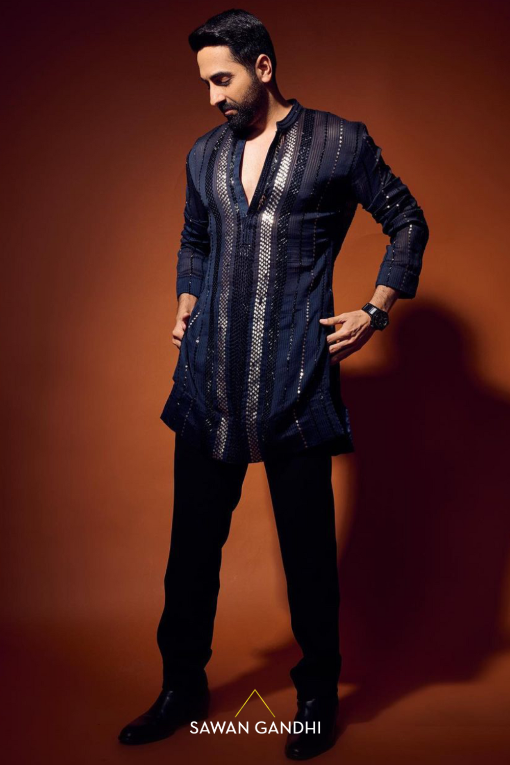 Ayushman Khurana in BLUE GICHA METAL SEQUINS KURTA