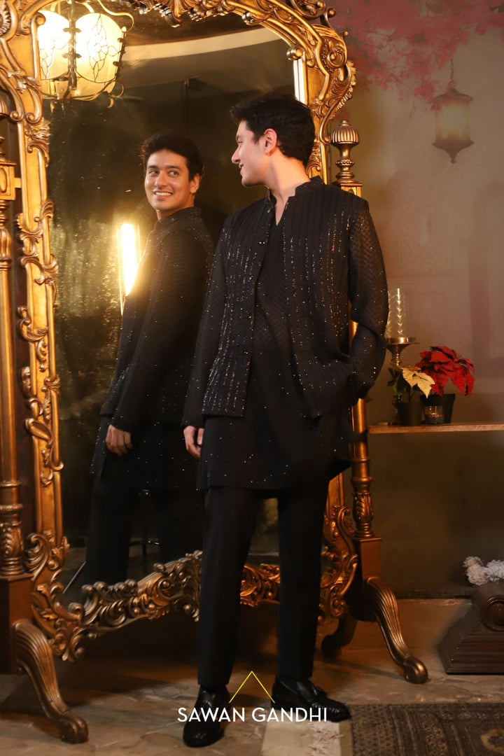 Zeyn shaw in Black cutdana nehru paired with black swarovski kurta