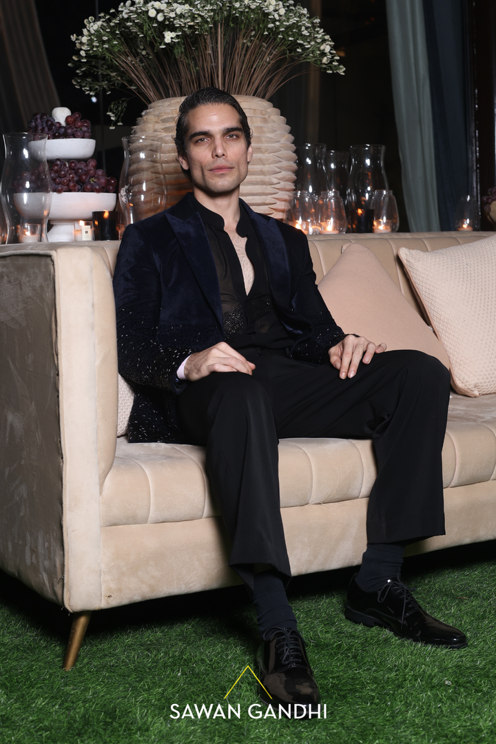 Rishab Sawhney in NAVY BLUE VELVET CUTDANA WORK JACKET
