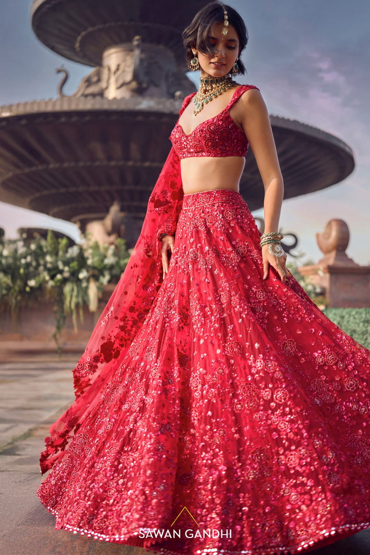 RED FLORAL APPLIQUÉ WORK LEHENGA