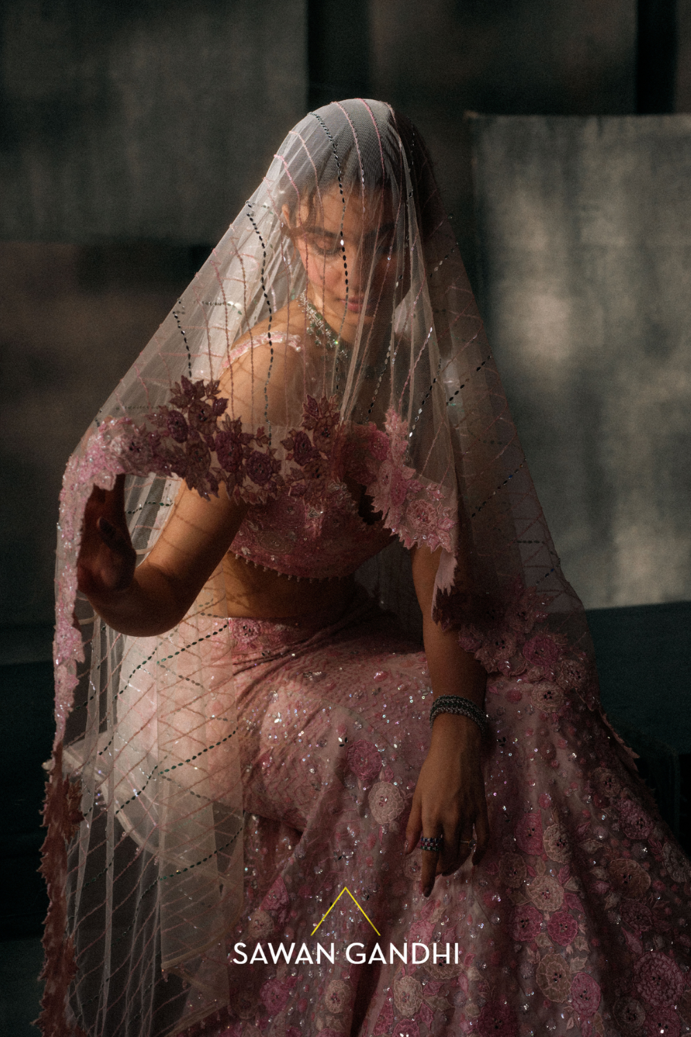 Blush pink fishcut applique lehenga