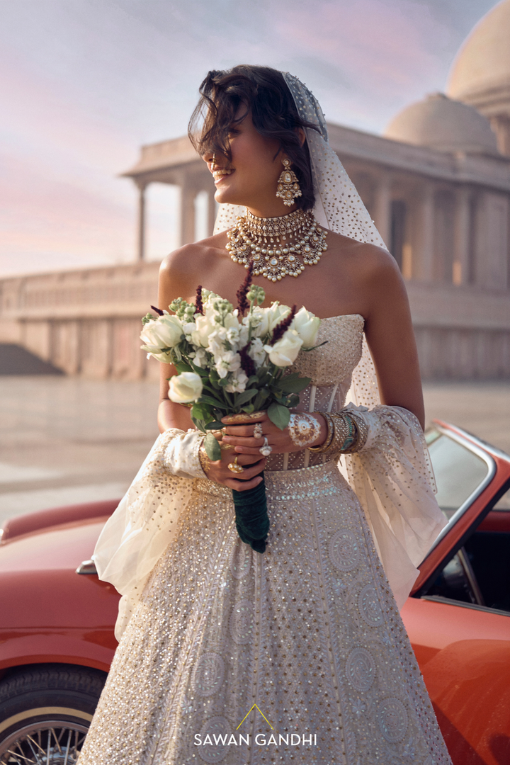 PEARL WHITE CHIKANKARI LEHENGA WITH CORSET