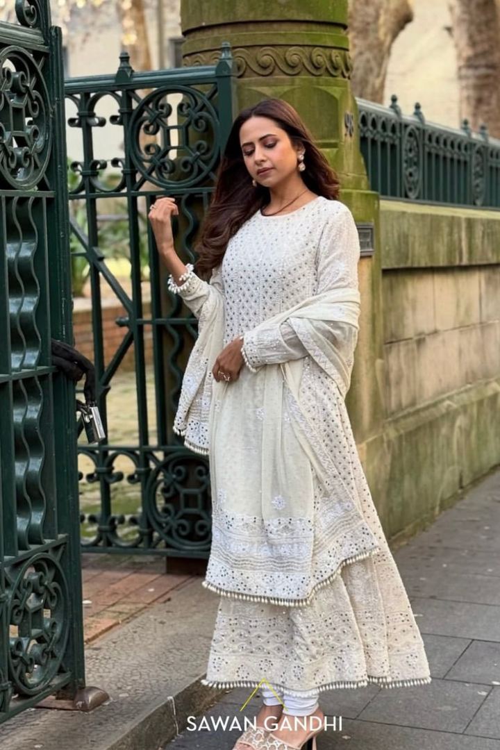 Sargun in Ivory chikankari suit