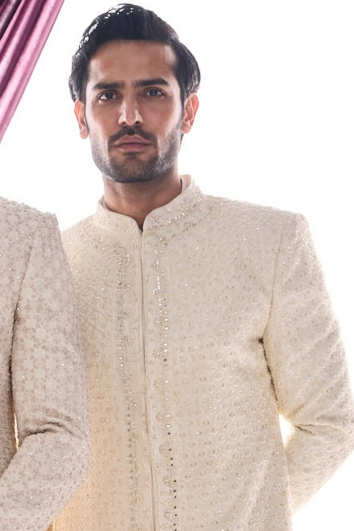Ivory beige Chikankari sherwani