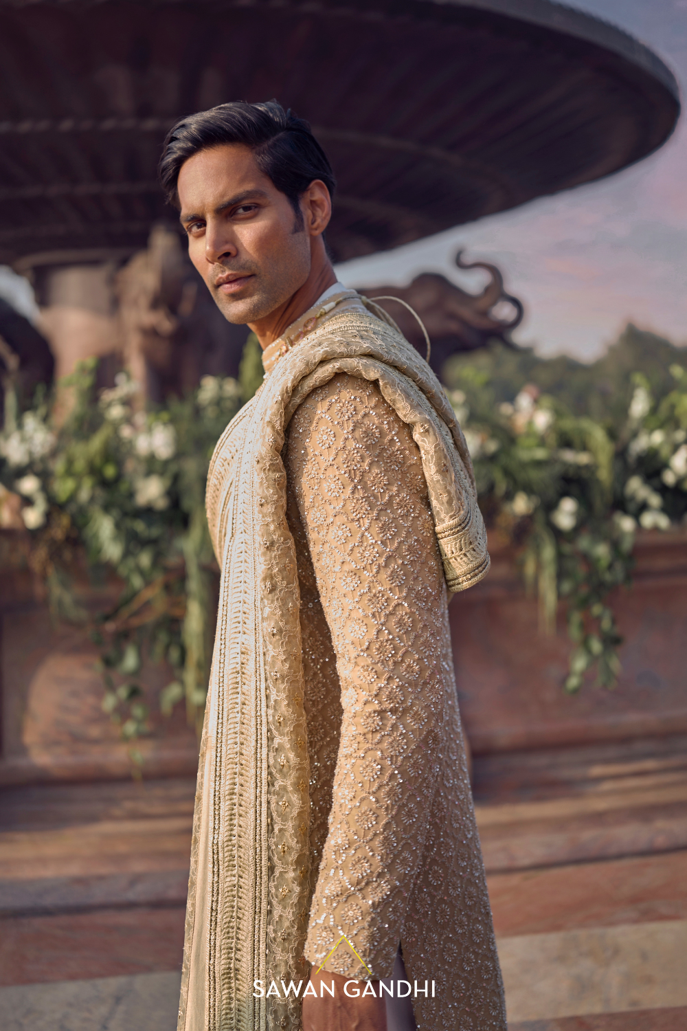 DARK BEIGE CHIKANKARI SHERWANI