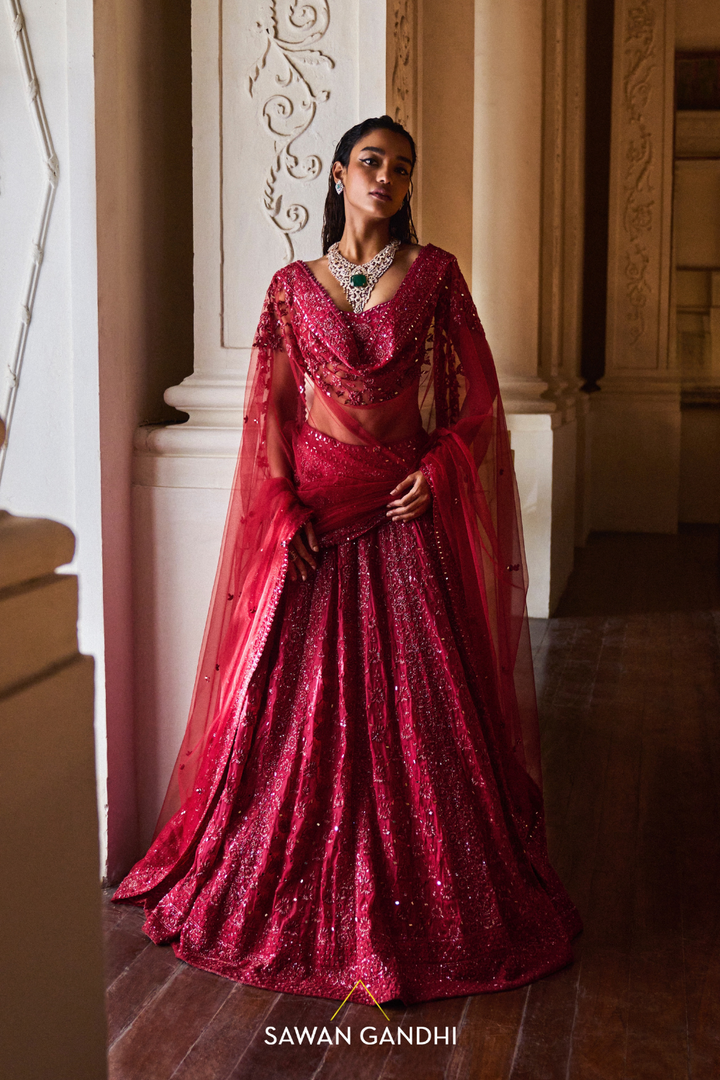 CRIMSON FLORAL CUTDANA LEHENGA
