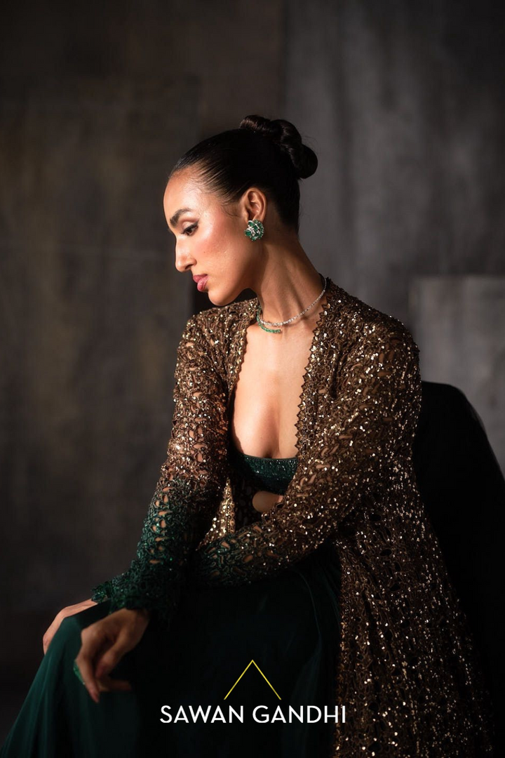 Gold to green cutwork cape set