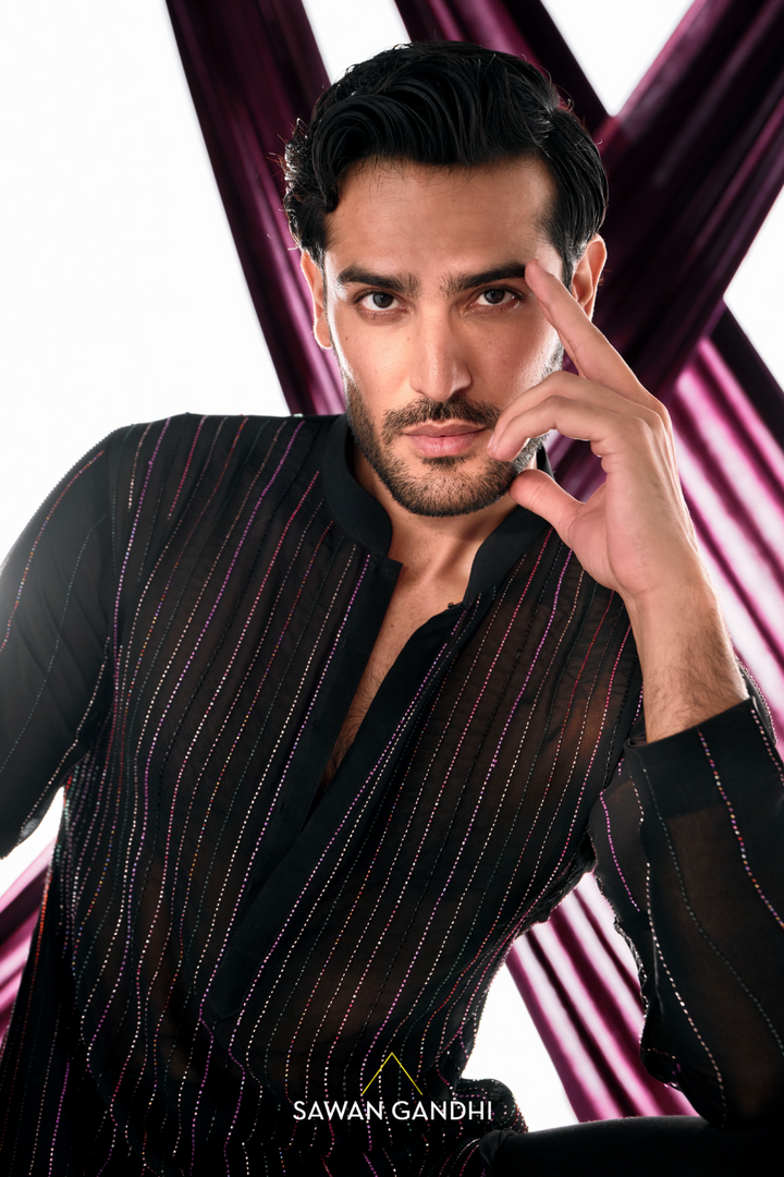 Black multicolour cutdana lines kurta