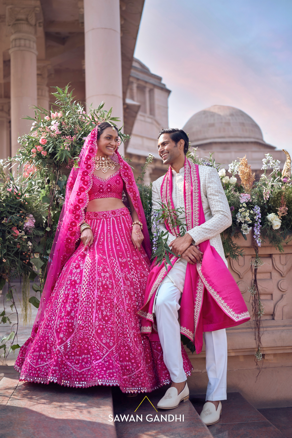 HOT PINK APPLIQUÉ FLORAL LEHENGA