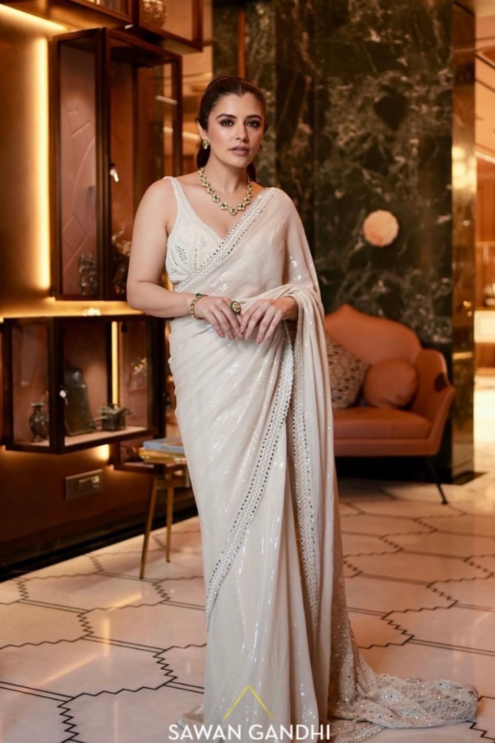 Natasha Luthra in Ivory Paani Sequis Chikankari Saree