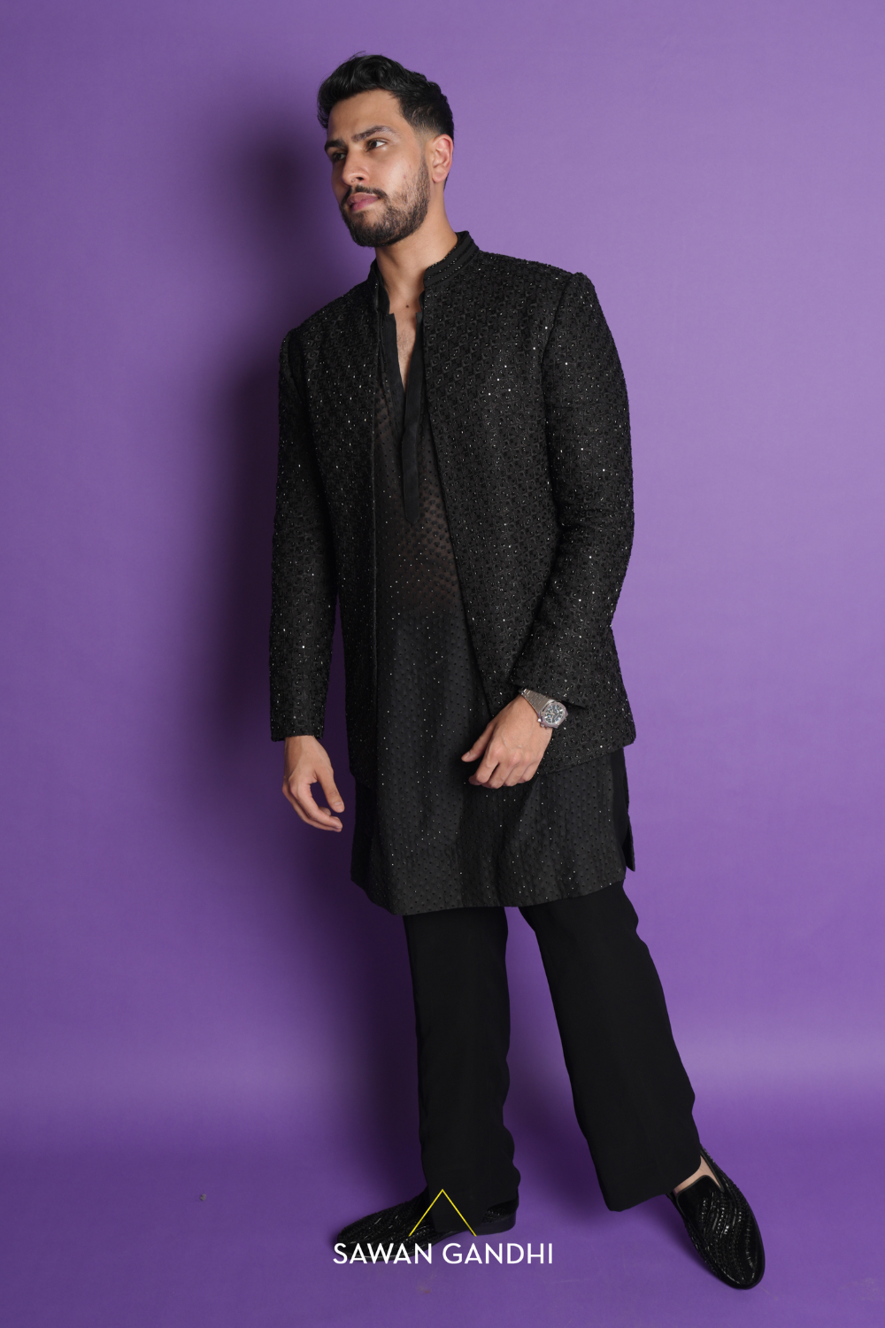 Vedant mahajan in BLACK BANDHGALA WITH SWAROSVKI KURTA