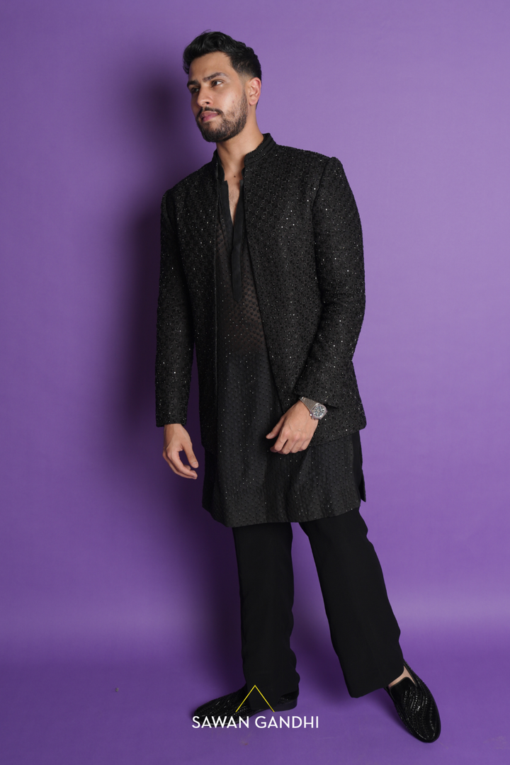 Vedant mahajan in BLACK BANDHGALA WITH SWAROSVKI KURTA