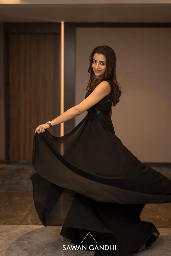 Trisha Krishnan in black drape top and pants