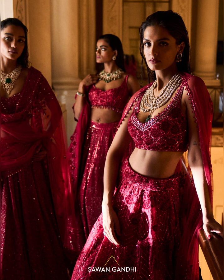 CRIMSON APPLIQUÉ WORK LEHENGA