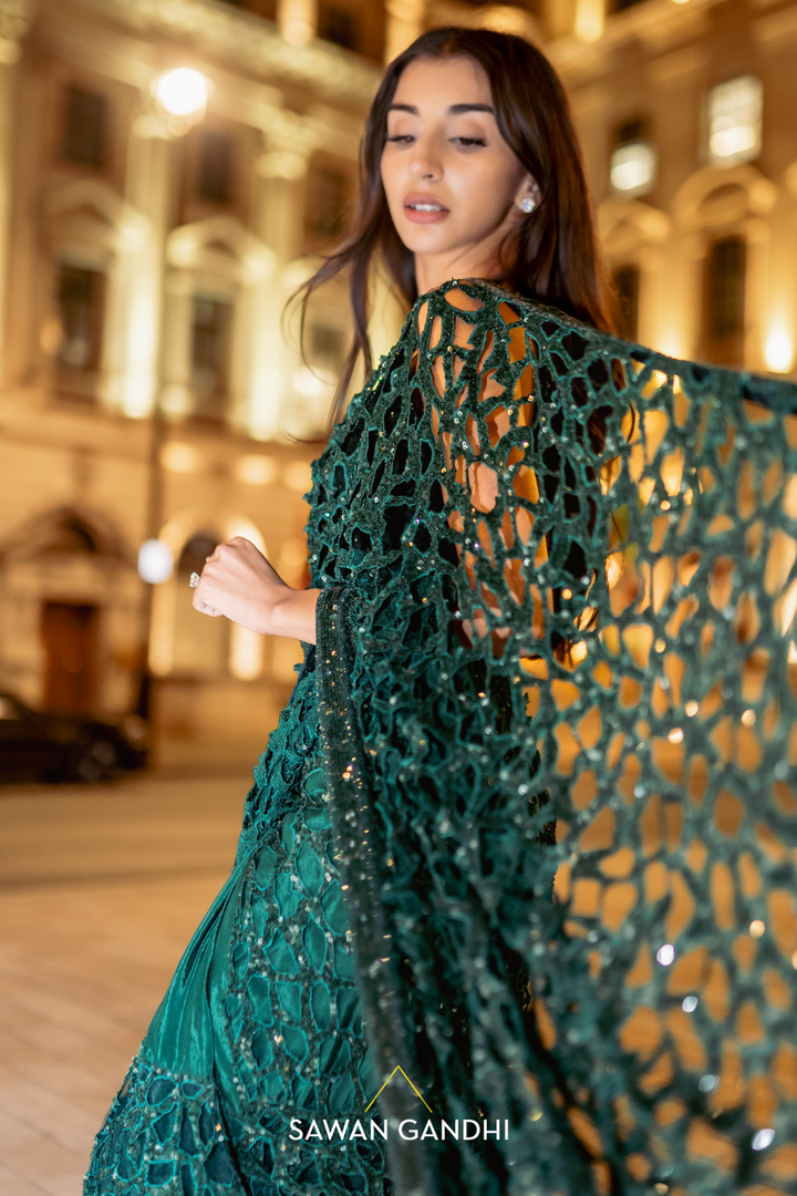 Bottle green cutwork saree